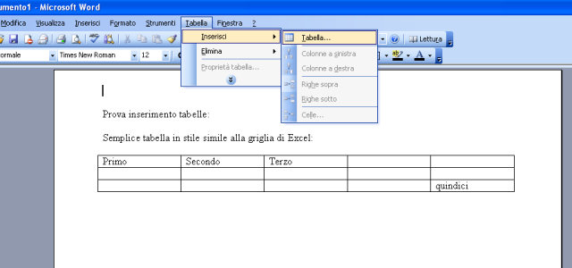 Inserimento tabella in Word