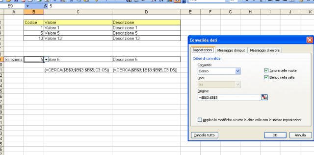 Excel - funzione CERCA e regole di CONVALIDA